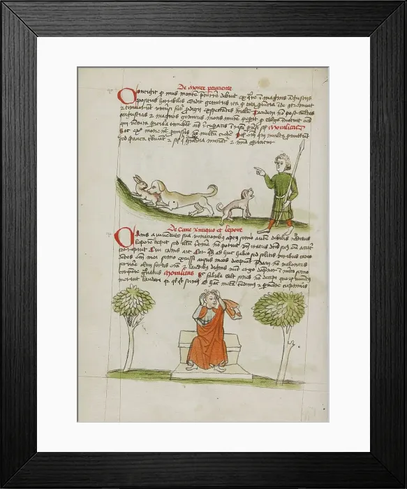 Framed Print : A Dog Biting a Hare and A Hunter Speaking to the Dog: A Man... third quarter of 15th century. Creator: Unknown