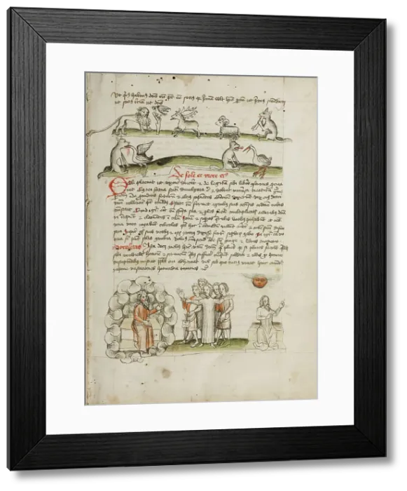 Framed Print : A Lion before a Bird in a Tree with a Stag, a Sheep, and a Wolf... third quarter of 15th century. Creator: Unknown Framed Print : A Lion before a Bird in a Tree with a Stag, a Sheep, and a Wolf... third quarter of 15th century. Creator: Unknown