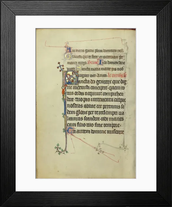 Framed Print : Initial S: The Virgin Mary Interceding for a Young Man before Christ Showing his Wounds, about 1300. Creator: Unknown Framed Print : Initial S: The Virgin Mary Interceding for a Young Man before Christ Showing his Wounds, about 1300. Creator: Unknown