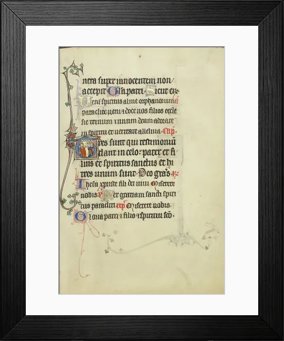 Framed Print : Initial T: A Nimbed Man in Conversation with Several Persons; Ruskin Hours, about 1300. Creator: Unknown Framed Print : Initial T: A Nimbed Man in Conversation with Several Persons; Ruskin Hours, about 1300. Creator: Unknown