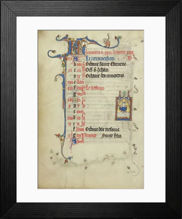 Framed Print : Calendar Page for January: Feasting: Janus; Ruskin Hours, about 1300. Creator: Unknown Framed Print : Calendar Page for January: Feasting: Janus; Ruskin Hours, about 1300. Creator: Unknown