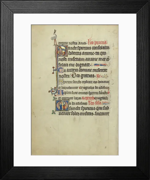 Framed Print : Initial S: A Bishop before a Fire: Initial O: A Nimbed Monk and a Female Saint, about 1300. Creator: Unknown Framed Print : Initial S: A Bishop before a Fire: Initial O: A Nimbed Monk and a Female Saint, about 1300. Creator: Unknown