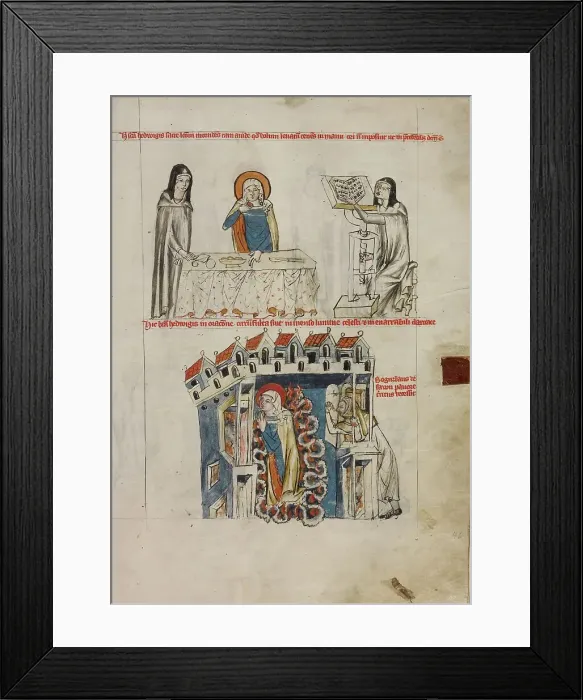 Framed Print : Saint Hedwig Listening to a Reading: Saint Hedwig Praying; Vita beatae Hedwigis, 1353. Creator: Unknown Framed Print : Saint Hedwig Listening to a Reading: Saint Hedwig Praying; Vita beatae Hedwigis, 1353. Creator: Unknown