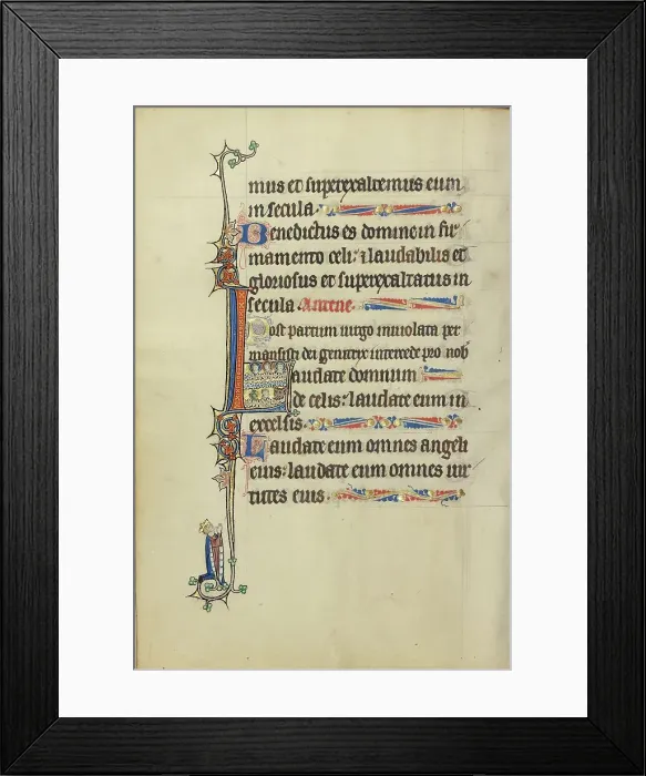 Framed Print : Initial L: Three Nimbed Heads, a Head of a Man, and a Head of a Bull; Ruskin Hours, about 1300. Creator: Unknown Framed Print : Initial L: Three Nimbed Heads, a Head of a Man, and a Head of a Bull; Ruskin Hours, about 1300. Creator: Unknown