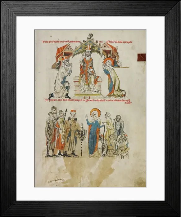 Framed Print : The Pledge of Chastity: Saint Hedwig Assisting the Poor and Sick; Vita beatae Hedwigis, 1353. Creator: Unknown Framed Print : The Pledge of Chastity: Saint Hedwig Assisting the Poor and Sick; Vita beatae Hedwigis, 1353. Creator: Unknown