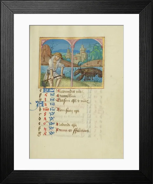 Framed Print : June Calendar Page: Mowing: Cancer; Book of Hours, early 16th century. Creator: Unknown Framed Print : June Calendar Page: Mowing: Cancer; Book of Hours, early 16th century. Creator: Unknown