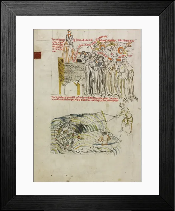 Framed Print : Pope Clement Entering Saint Hedwig's Name on the Register of Saints; Men Fishing in a Pond... 1353. Creator: Unknown Framed Print : Pope Clement Entering Saint Hedwig's Name on the Register of Saints; Men Fishing in a Pond... 1353. Creator: Unknown