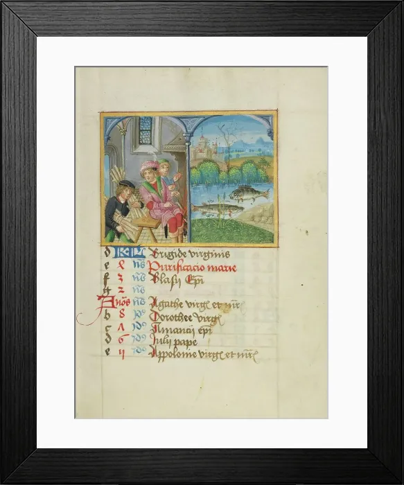 Framed Print : February Calendar Page: Keeping Warm: Pisces; Book of Hours, early 16th century. Creator: Unknown