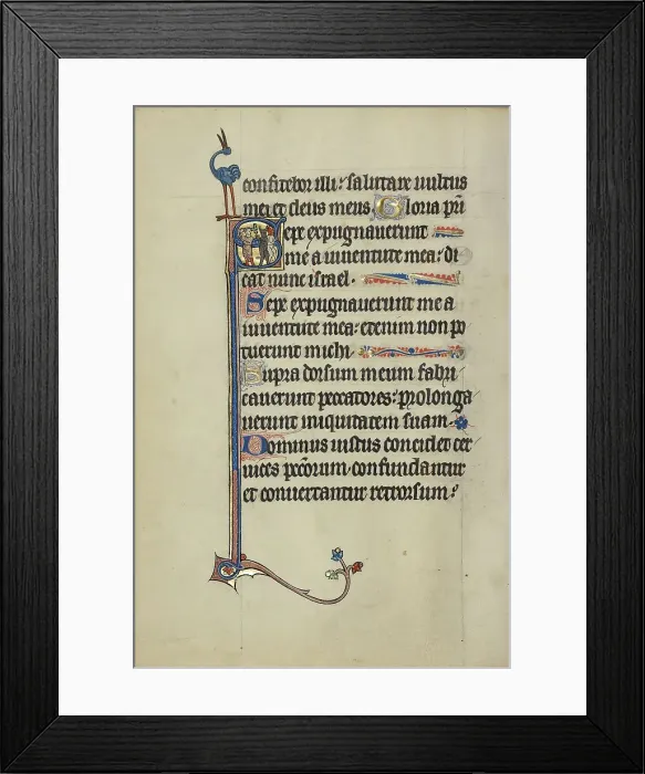 Framed Print : Initial S: A Man with a Cross Chasing Away Two Devils; Ruskin Hours, about 1300. Creator: Unknown Framed Print : Initial S: A Man with a Cross Chasing Away Two Devils; Ruskin Hours, about 1300. Creator: Unknown