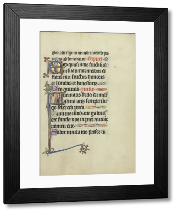 Framed Print : Initial E: A Female Saint (Mary?) with a Book and Flowers: Initial A: The Annunciation, about 1300. Creator: Unknown Framed Print : Initial E: A Female Saint (Mary?) with a Book and Flowers: Initial A: The Annunciation, about 1300. Creator: Unknown