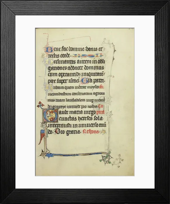 Framed Print : Initial G: The Virgin Mary Pointing to Books Burning in a Fire; Ruskin Hours, about 1300. Creator: Unknown Framed Print : Initial G: The Virgin Mary Pointing to Books Burning in a Fire; Ruskin Hours, about 1300. Creator: Unknown