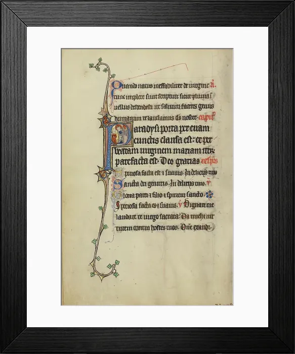 Framed Print : Initial P: The Virgin Mary Opening a Door to a Woman; Ruskin Hours, about 1300. Creator: Unknown Framed Print : Initial P: The Virgin Mary Opening a Door to a Woman; Ruskin Hours, about 1300. Creator: Unknown
