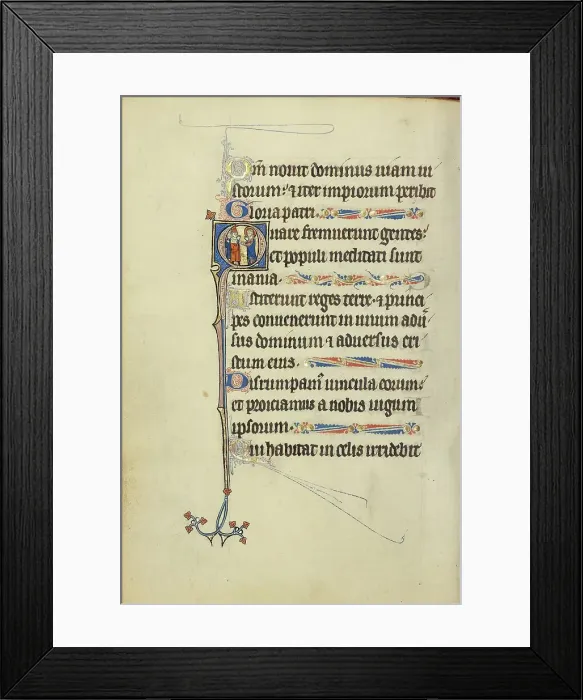 Framed Print : Initial H: A Deacon in Prayer before a Saint with a Book and Martyr's Palm; Ruskin Hours, about 1300 Creator: Unknown Framed Print : Initial H: A Deacon in Prayer before a Saint with a Book and Martyr's Palm; Ruskin Hours, about 1300 Creator: Unknown