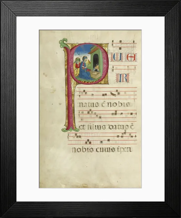 Framed Print : Initial P: The Adoration of the Christ Child and The Annunciation to the Shepherds, about 1460-1480. Creator: Unknown