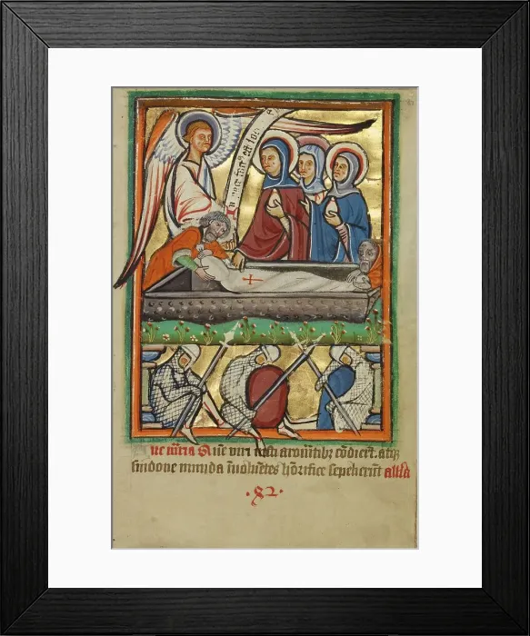 Framed Print : The Three Maries at the Sepulchre, about 1190-1200; text and illumination added about 1480-1490. Creator: Unknown Framed Print : The Three Maries at the Sepulchre, about 1190-1200; text and illumination added about 1480-1490. Creator: Unknown