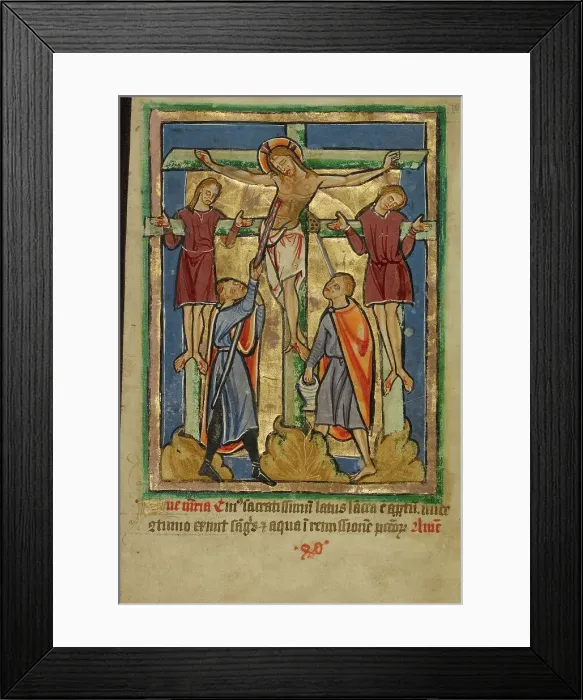 Framed Print : Crucifixion and the Piercing of the Side, about 1190-1200; text added about 1480-1490. Creator: Unknown Framed Print : Crucifixion and the Piercing of the Side, about 1190-1200; text added about 1480-1490. Creator: Unknown