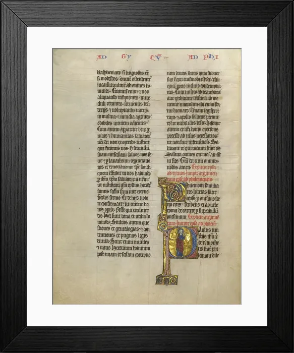 Framed Print : Initial P: Saint Paul with a Book; Concluding Volume of a Bible, about 1260-1270. Creator: Unknown Framed Print : Initial P: Saint Paul with a Book; Concluding Volume of a Bible, about 1260-1270. Creator: Unknown