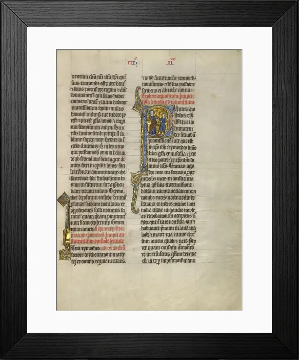 Framed Print : Initial P: Saint Paul Giving a Book to a Messenger; Concluding Volume of a Bible, about 1260-1270. Creator: Unknown Framed Print : Initial P: Saint Paul Giving a Book to a Messenger; Concluding Volume of a Bible, about 1260-1270. Creator: Unknown