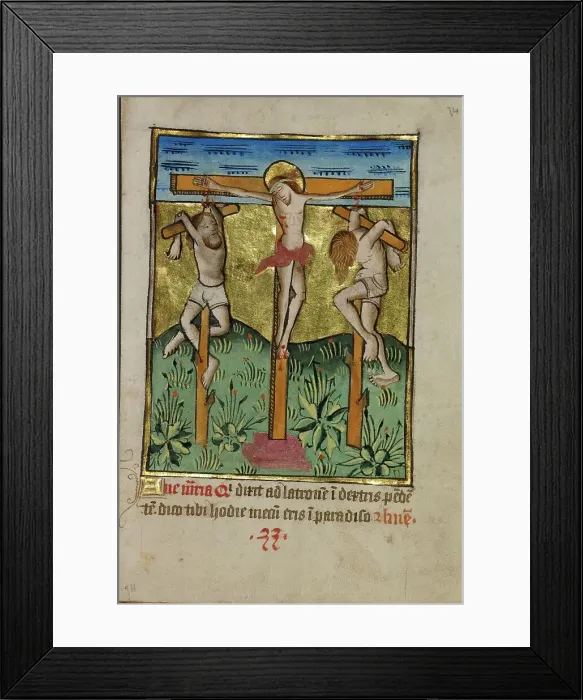 Framed Print : Christ Crucified between the Two Thieves; Illustrated Vita Christi... about 1480-1490. Creator: Unknown Framed Print : Christ Crucified between the Two Thieves; Illustrated Vita Christi... about 1480-1490. Creator: Unknown