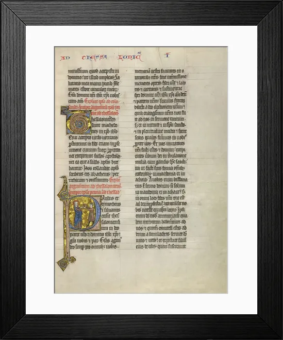 Framed Print : Initial P: Saint Paul Giving a Book to a Messenger; Concluding Volume of a Bible, about 1260-1270. Creator: Unknown Framed Print : Initial P: Saint Paul Giving a Book to a Messenger; Concluding Volume of a Bible, about 1260-1270. Creator: Unknown