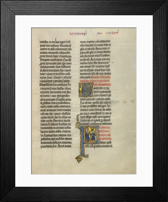 Framed Print : Initial P: Saint Paul and a Messenger with Books; Concluding Volume of a Bible, about 1260-1270. Creator: Unknown Framed Print : Initial P: Saint Paul and a Messenger with Books; Concluding Volume of a Bible, about 1260-1270. Creator: Unknown