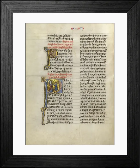 Framed Print : Initial P: Saint Paul Giving a Book to a Messenger; Concluding Volume of a Bible, about 1260-1270. Creator: Unknown Framed Print : Initial P: Saint Paul Giving a Book to a Messenger; Concluding Volume of a Bible, about 1260-1270. Creator: Unknown