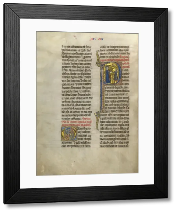 Framed Print : Initial P: Saint Paul Giving a Book to a Messenger; Concluding Volume of a Bible, about 1260-1270. Creator: Unknown Framed Print : Initial P: Saint Paul Giving a Book to a Messenger; Concluding Volume of a Bible, about 1260-1270. Creator: Unknown