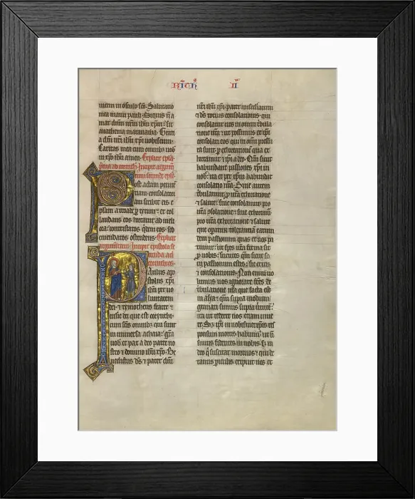 Framed Print : Initial P: Saint Paul Speaking to a Messenger; Concluding Volume of a Bible, about 1260-1270. Creator: Unknown Framed Print : Initial P: Saint Paul Speaking to a Messenger; Concluding Volume of a Bible, about 1260-1270. Creator: Unknown