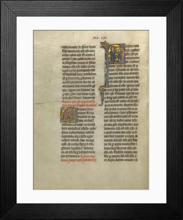 Framed Print : Initial P: Saint Paul Giving a Book to a Messenger; Concluding Volume of a Bible, about 1260-1270. Creator: Unknown