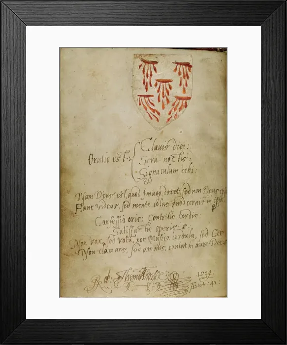 Framed Print : Blank Page with added inscription and pasted-in shield with the Five Wounds, about 1480-1490. Creator: Unknown Framed Print : Blank Page with added inscription and pasted-in shield with the Five Wounds, about 1480-1490. Creator: Unknown