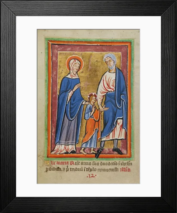 Framed Print : Christ Led to Jerusalem by Mary and Joseph, about 1190-1200; text added about 1480-1490. Creator: Unknown Framed Print : Christ Led to Jerusalem by Mary and Joseph, about 1190-1200; text added about 1480-1490. Creator: Unknown