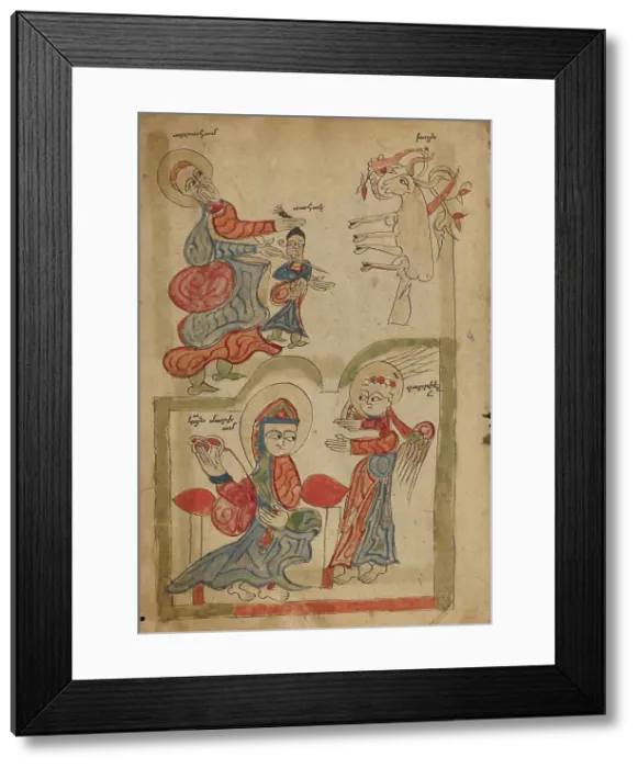 Framed Print : The Sacrifice of Isaac and The Annunciation; Gospel Book, 1386. Creator: Unknown Framed Print : The Sacrifice of Isaac and The Annunciation; Gospel Book, 1386. Creator: Unknown