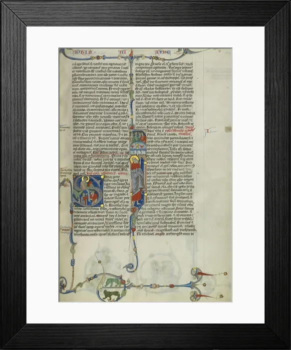 Framed Print : Initial S: Saint John Handing a Scroll to Two Men: Initial I: Saint Jude... about 1250-1262. Creator: Unknown Framed Print : Initial S: Saint John Handing a Scroll to Two Men: Initial I: Saint Jude... about 1250-1262. Creator: Unknown