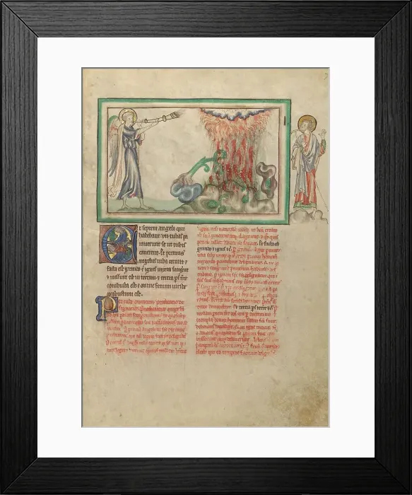 Framed Print : The First Trumpet: Hail and Fire Fall from Heaven; Dyson Perrins Apocalypse, about 1255-1260. Creator: Unknown Framed Print : The First Trumpet: Hail and Fire Fall from Heaven; Dyson Perrins Apocalypse, about 1255-1260. Creator: Unknown