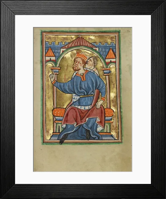 Framed Print : Herod Enthroned; Illustrated Vita Christi, with devotional... about 1190-1200 & about 1480-90. Creator: Unknown Framed Print : Herod Enthroned; Illustrated Vita Christi, with devotional... about 1190-1200 & about 1480-90. Creator: Unknown