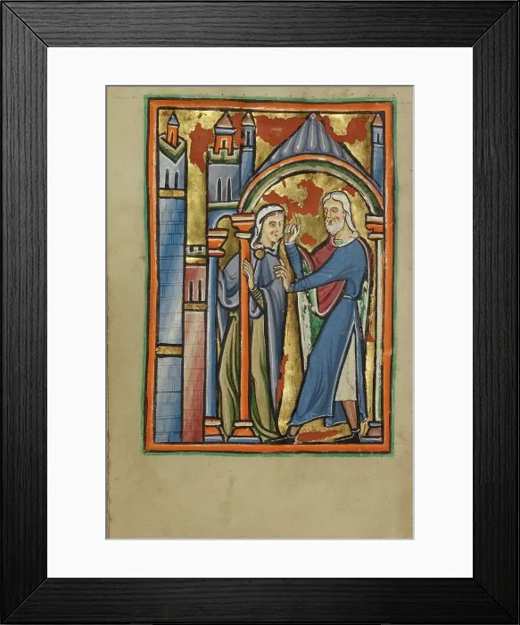 Framed Print : The Meeting at the Golden Gate; Illustrated Vita Christi, with devotional... about 1190-1200. Creator: Unknown Framed Print : The Meeting at the Golden Gate; Illustrated Vita Christi, with devotional... about 1190-1200. Creator: Unknown
