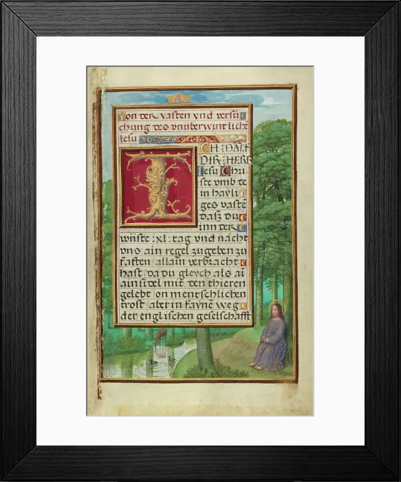 Framed Print : Border with Christ in the Wilderness; Prayer Book of Cardinal Albrecht of Brandenburg, about 1525-30 Creator: Simon Bening