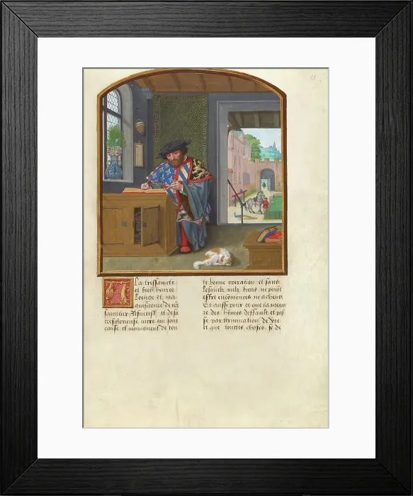 Framed Print : The King of Arms of the Order of the Golden Fleece Writing about Jacques de Lalaing, about 1530. Creator: Simon Bening Framed Print : The King of Arms of the Order of the Golden Fleece Writing about Jacques de Lalaing, about 1530. Creator: Simon Bening