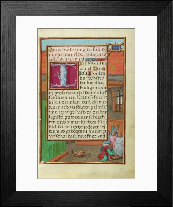 Framed Print : Border with Abraham Washing the Feet of the Three Angels, about 1525-1530. Creator: Simon Bening Framed Print : Border with Abraham Washing the Feet of the Three Angels, about 1525-1530. Creator: Simon Bening