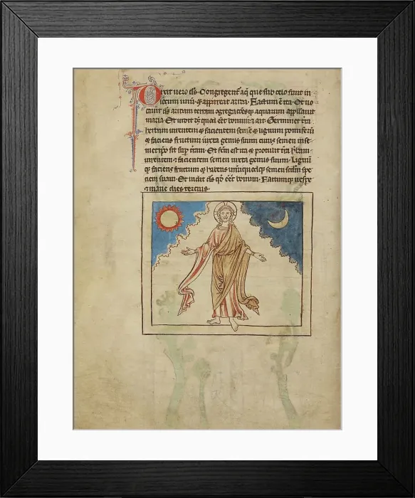 Framed Print : The Creation of the Sun, Moon, and Stars; Northumberland Bestiary, about 1250-1260. Creator: Unknown Framed Print : The Creation of the Sun, Moon, and Stars; Northumberland Bestiary, about 1250-1260. Creator: Unknown