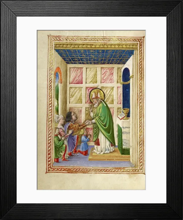 Framed Print : Saint Bellinus Celebrating Mass; Gualenghi-d'Este Hours, about 1469. Creator: Taddeo Crivelli Framed Print : Saint Bellinus Celebrating Mass; Gualenghi-d'Este Hours, about 1469. Creator: Taddeo Crivelli