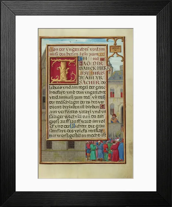 Framed Print : Border with the People Demanding Daniel from Cyrus, about 1525-1530. Creator: Simon Bening Framed Print : Border with the People Demanding Daniel from Cyrus, about 1525-1530. Creator: Simon Bening