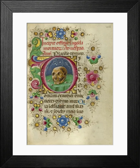 Framed Print : Initial D: A Skull in a Rocky Field; Gualenghi-d'Este Hours, about 1469. Creator: Taddeo Crivelli Framed Print : Initial D: A Skull in a Rocky Field; Gualenghi-d'Este Hours, about 1469. Creator: Taddeo Crivelli