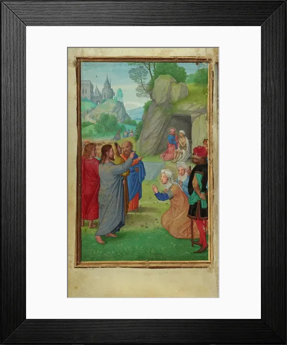 Framed Print : The Raising of Lazarus; Prayer Book of Cardinal Albrecht of Brandenburg, about 1525-1530. Creator: Simon Bening Framed Print : The Raising of Lazarus; Prayer Book of Cardinal Albrecht of Brandenburg, about 1525-1530. Creator: Simon Bening