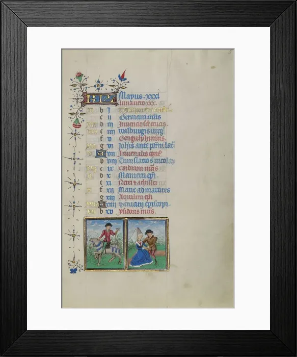 Framed Print : Calendar Page for May: Hawking and Courting: Gemini; Book of Hours, about 1450-1455. Creator: Master of the Lee Hours Framed Print : Calendar Page for May: Hawking and Courting: Gemini; Book of Hours, about 1450-1455. Creator: Master of the Lee Hours