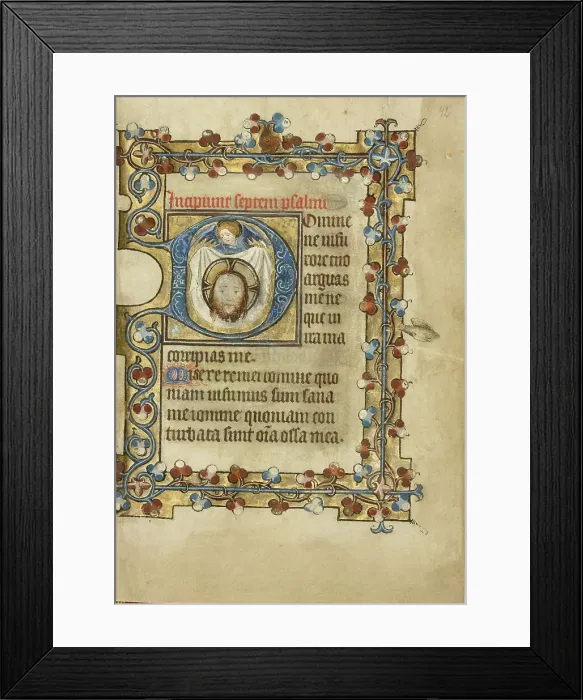 Framed Print : Initial D: An Angel Holding Up the Sudarium; Book of Hours, about 1405-1410. Creator: Masters of Dirc van Delf Framed Print : Initial D: An Angel Holding Up the Sudarium; Book of Hours, about 1405-1410. Creator: Masters of Dirc van Delf