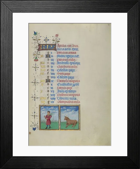 Framed Print : Calendar Page for April: Picking Flowers: Taurus; Book of Hours, about 1450-1455. Creator: Master of the Lee Hours Framed Print : Calendar Page for April: Picking Flowers: Taurus; Book of Hours, about 1450-1455. Creator: Master of the Lee Hours