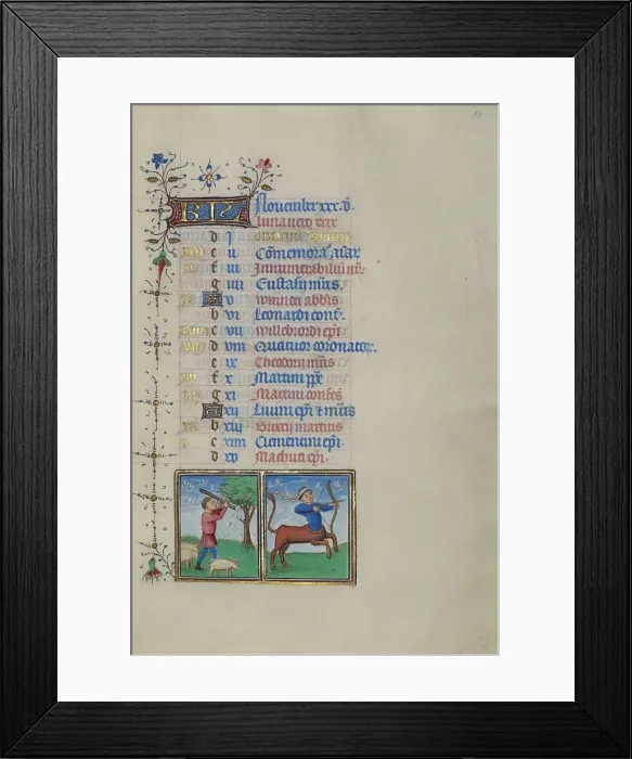 Framed Print : Calendar Page for November: Gathering Acorns for Pigs: Sagittarius; Book of Hours, about 1450-1455. Creator: Master of the Lee Hours Framed Print : Calendar Page for November: Gathering Acorns for Pigs: Sagittarius; Book of Hours, about 1450-1455. Creator: Master of the Lee Hours