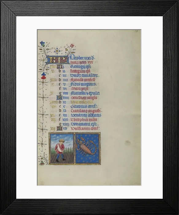 Framed Print : Calendar Page for October: Sowing: Scorpio; Calendar Page for October, about 1450-1455. Creator: Master of the Lee Hours Framed Print : Calendar Page for October: Sowing: Scorpio; Calendar Page for October, about 1450-1455. Creator: Master of the Lee Hours