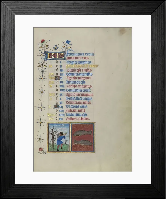 Framed Print : Calendar Page for February: Chopping Trees: Pisces; Book of Hours, about 1450-1455. Creator: Master of the Lee Hours